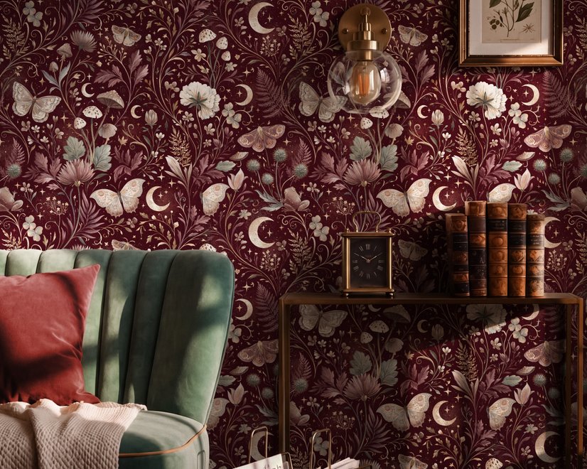 Pink butterflies wallpaper on a claret ground with cream flowers, moons, stars and spotted mushrooms.
