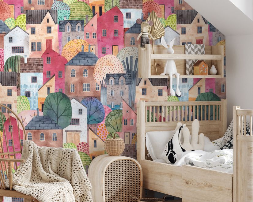Papier peint aquarelle ville mignonne enfants