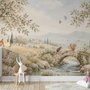 Watercolour woodland wall mural with fawn, rabbits, stone bridge, stream and distant cypress countryside
