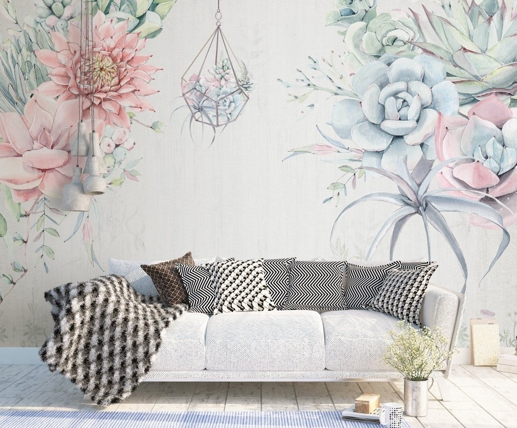 Pink Blue Soft Floral Wallpaper Mural - Peel and Stick