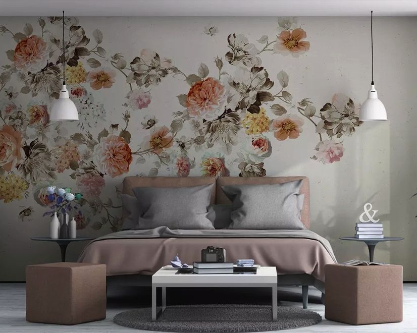 Vintage Orange Brown Flowers Wallpaper Mural