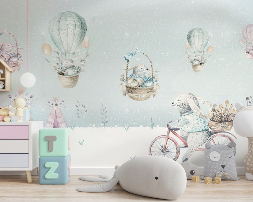 Cartoon Winterscape and Squirrels with Hot Air Balloons Wallpaper Mural