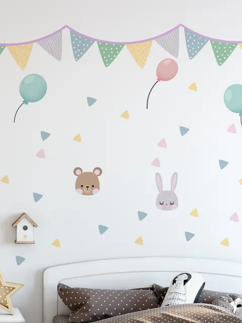 Nursery Cute Animals with Colorful Bunting and Triangle Flags Wall Decal Sticker