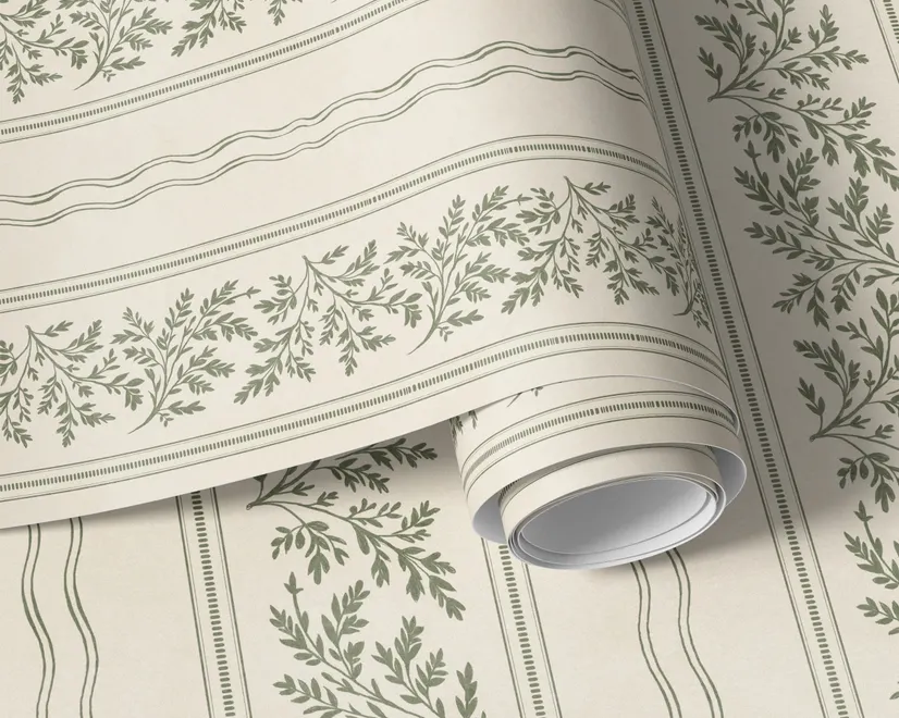 Green aesthetic wallpaper with sage leafy sprigs, fine vertical rules and dotted borders on cream ivory