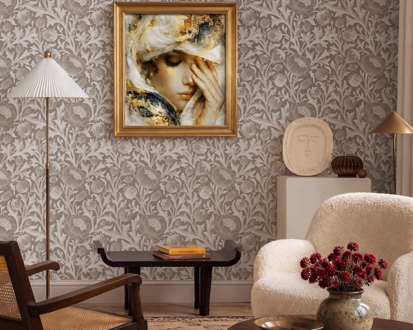 Greige botanical wallpaper with white watercolour flowers, buds, seed heads and acanthus leaves
