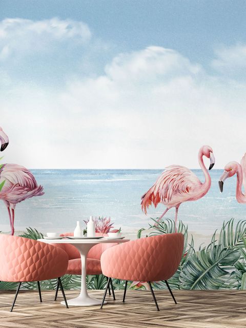 Tropical Landscape with Flamingos Wallpaper Mural