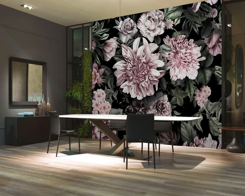 Papier peint panoramique floral avec feuilles vertes
