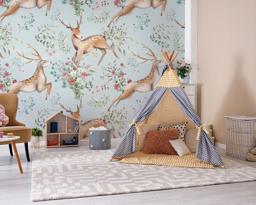 Nursery Vintage Floral with Deer Wallpaper Mural