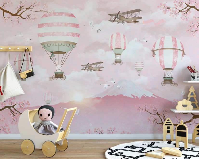 Hot Air Balloon with Pink Mountain Landscape Wallpaper Mural