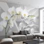 White Orchid Floral with Abstract Stripe Wallpaper Mural