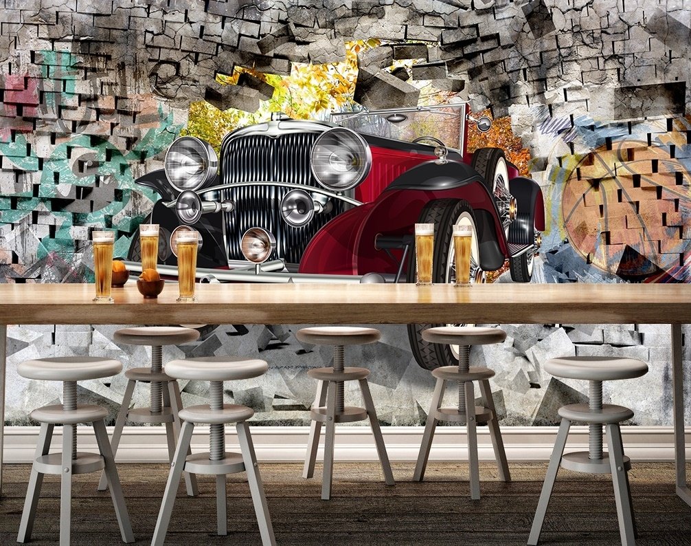 Vintage Car with Graffiti Brick Wallpaper Mural - Peel and Stick