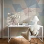 Pastel abstract wallpaper with overlapping sky blue, blush, cream, sage and grey textured triangles