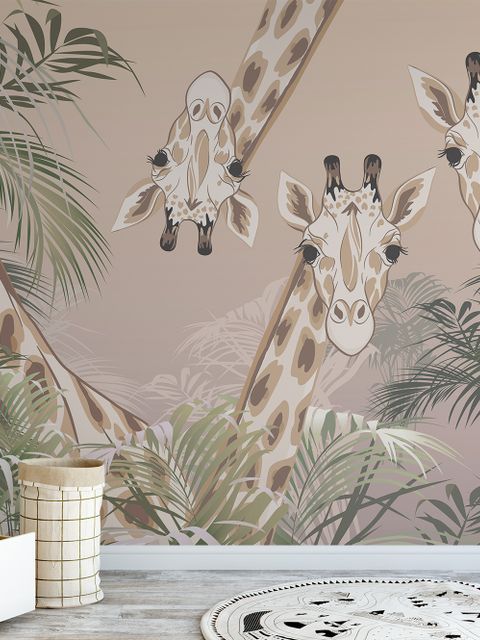 Papier peint girafes mignonnes feuilles tropicales