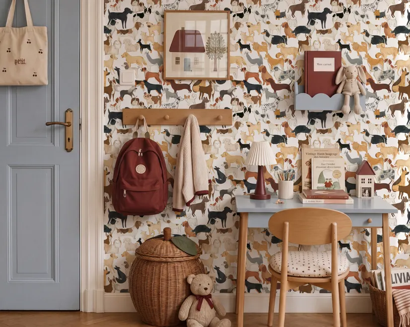 Zoomie kids wallpaper with painted dog breeds in tan, brown, black and grey on white