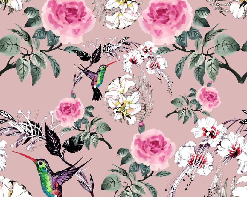 Papier peint panoramique vintage rose avec petits oiseaux