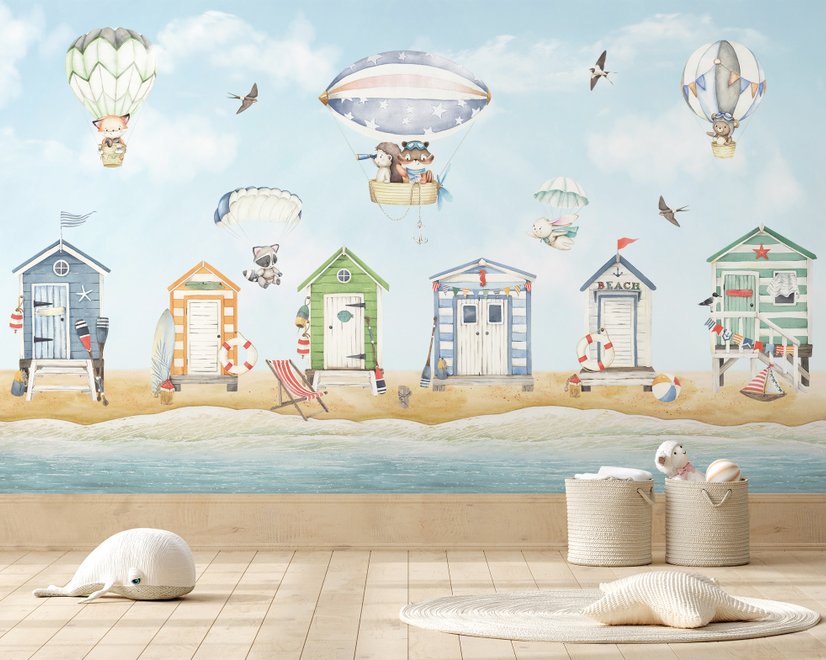 Aquarelle maison de plage pour enfants avec montgolfières