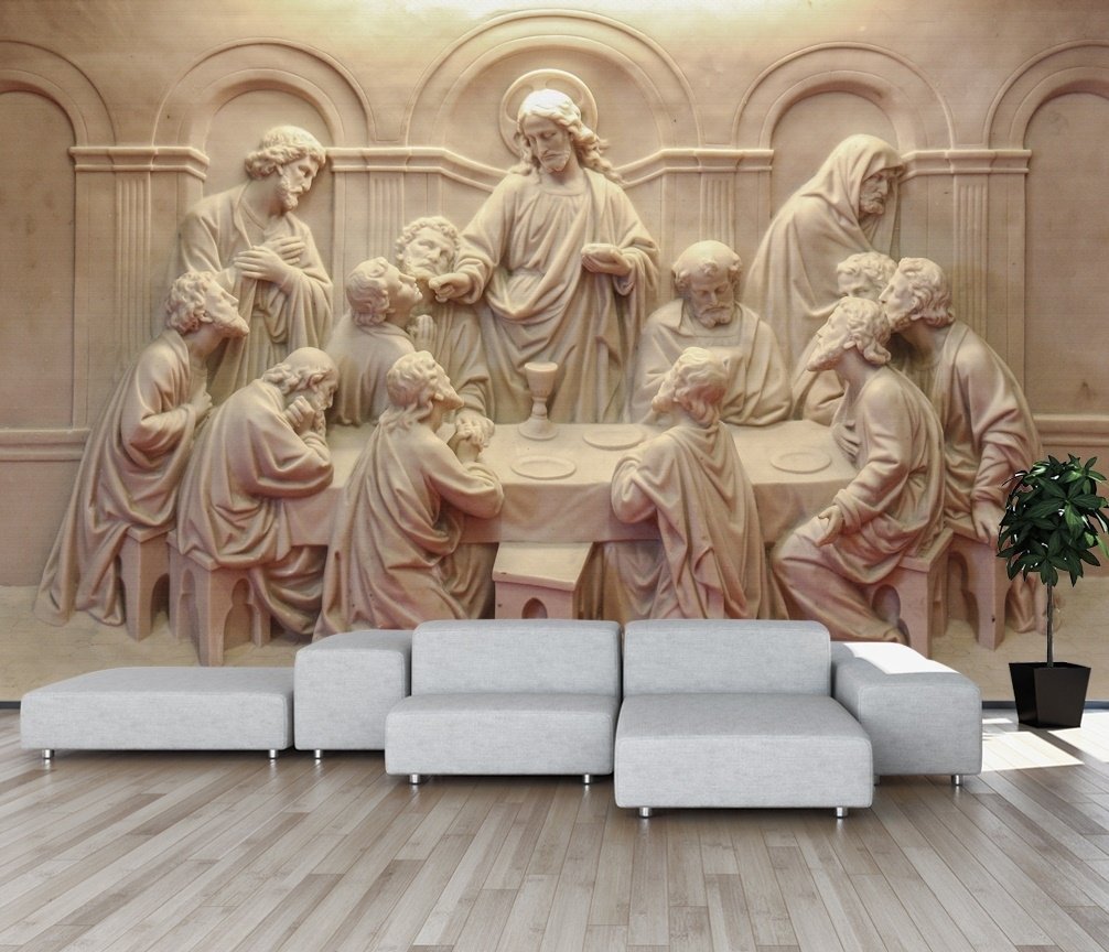 3D Embossed Look Cement Religious Sculpture Wallpaper Mural - Peel and Stick