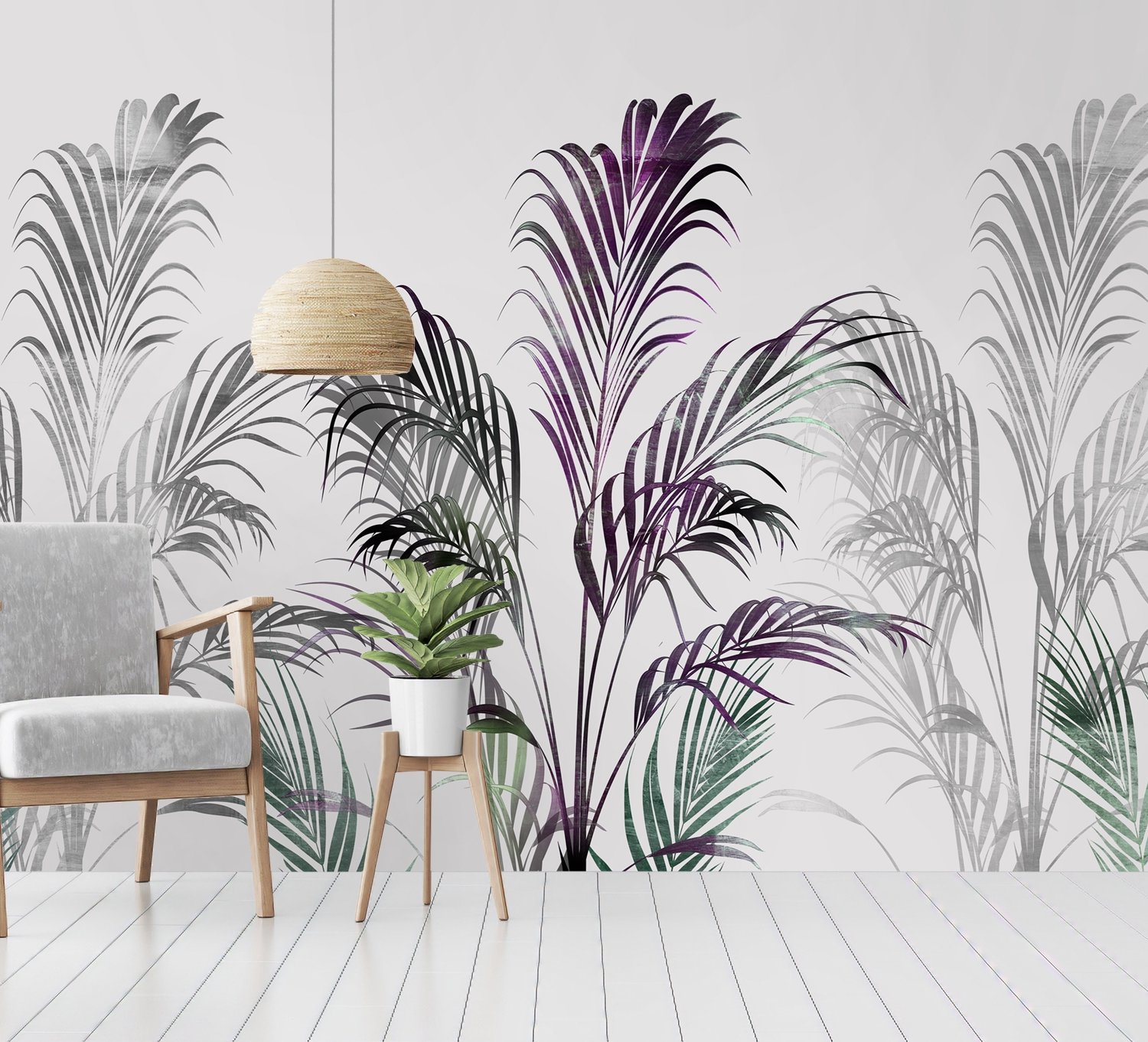 Tropical Fresh Purple Green Palm Leaves Wallpaper Mural - Peel and Stick
