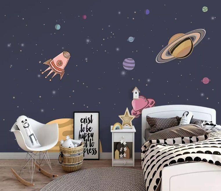 Watercolor Cartoon Space with Planets Wallpaper Mural