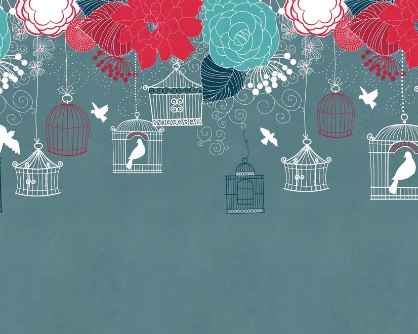 Cage Birds and Colorful Flowers Wallpaper Mural