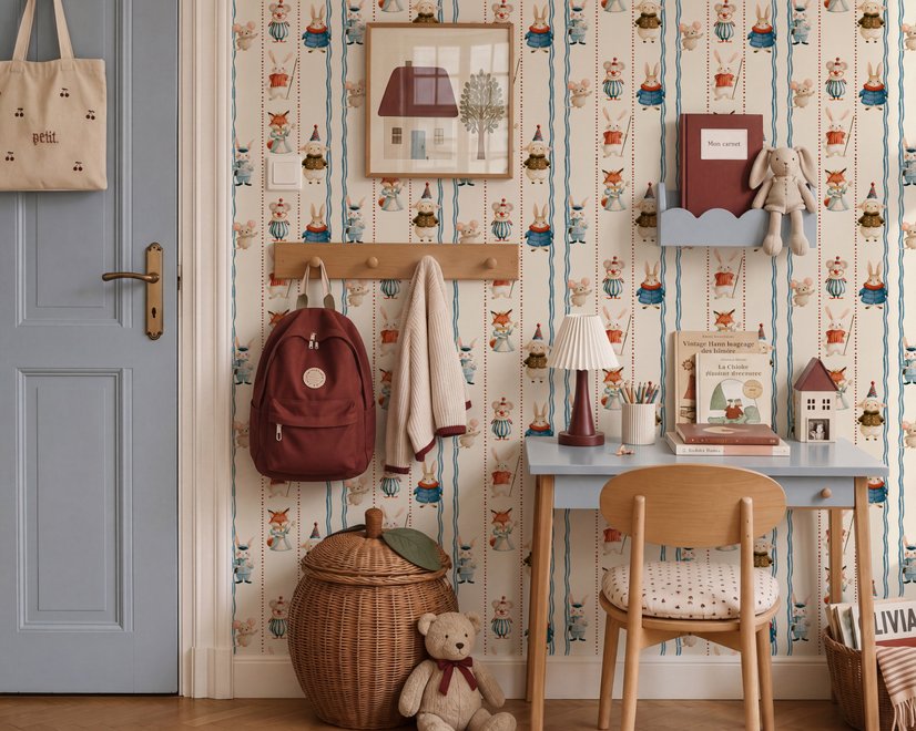 Cartoon wallpaper with rabbits, mice, a crowned fox and lambs in costumes between wavy blue stripes