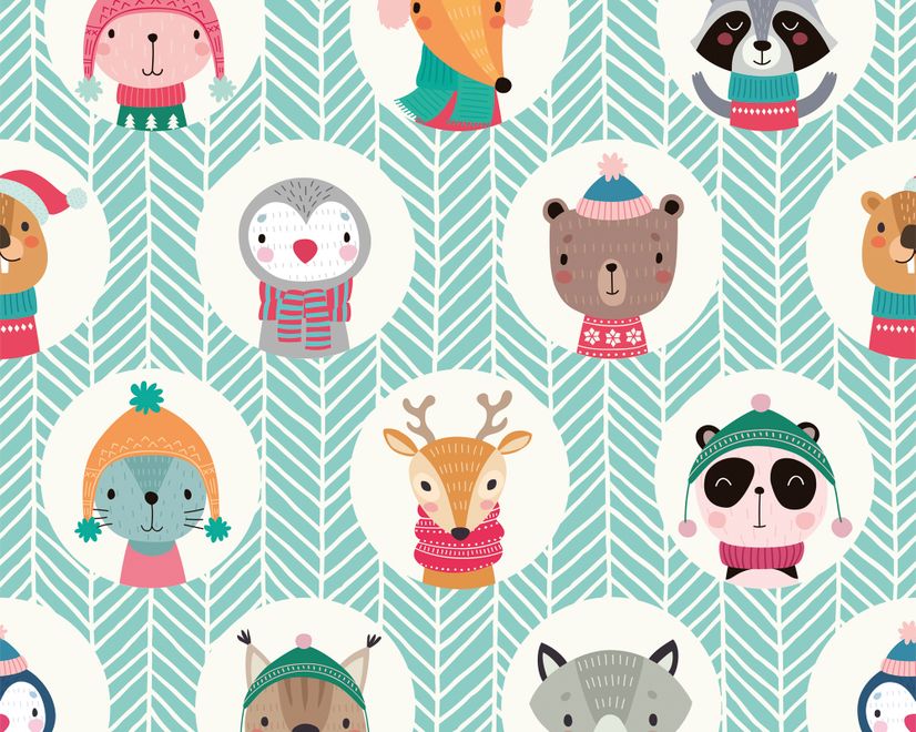 Papier peint panoramique motif d'animaux d'hiver mignon pour enfants avec lignes