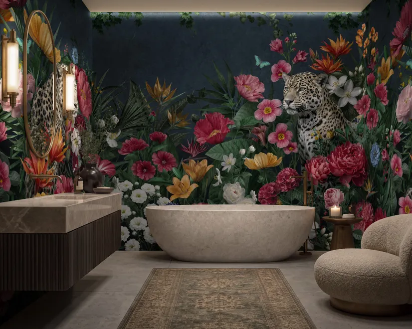 Elegant Tropical Botanical Floral and Leopard Wallpaper 