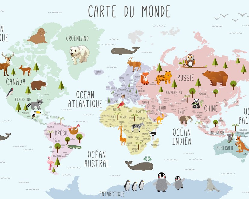  Carte éducatif en Français - Papier peint carte du monde éducative avec animaux pour enfants et bébé