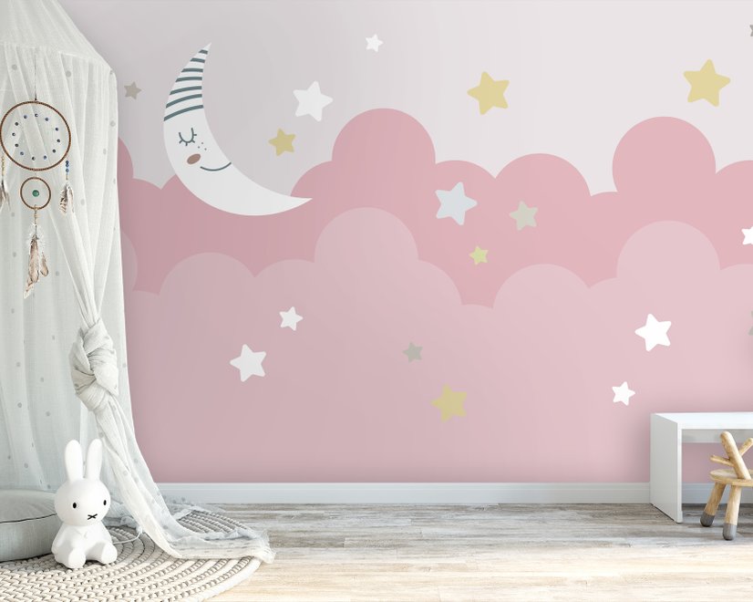 Cartoon Pink Sky and Moon Wallpaper Mural
