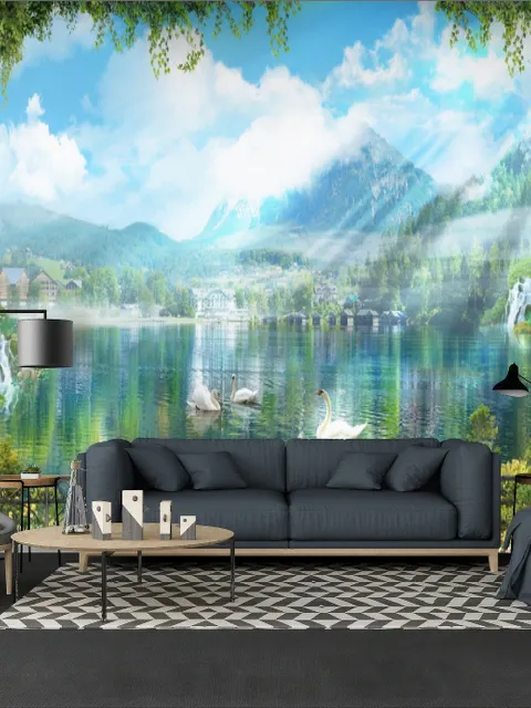 Waterfall and White Swan with Garden Flowers Landscape Wallpaper Mural