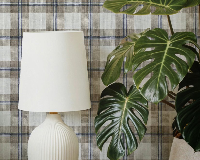 Beige, oat and cream-white plaid wallpaper with fine navy-blue stripes and printed linen texture