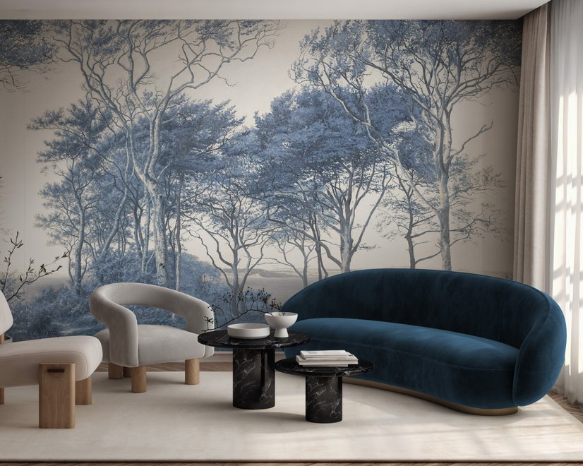 Blue forest background wallpaper mural with coastal trees, sea water and small white sailboats