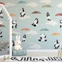 Papier peint panoramique pandas avec parapluies colorés pour enfants