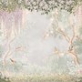 Watercolour nature wallpaper with lilac wisteria, pale trees, sage foliage and small songbirds around a misty clearing