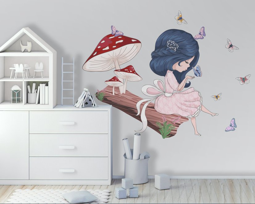 Cute Little Girl in the Forest with Colorful Butterfly Wall Decal Sticker