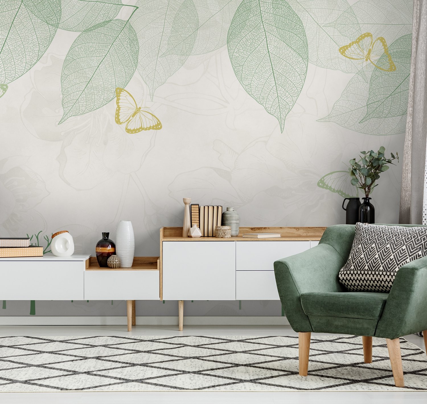 Leaf Veins with Little Forest Pattern Wallpaper Mural - Peel and Stick