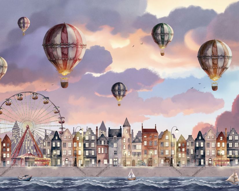 Kids Harbor Village and Hot Air Balloons Wallpaper Mural