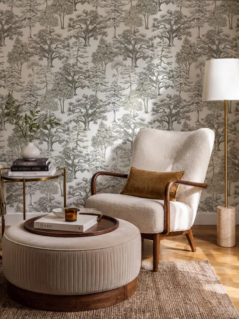 Monochrome wallpaper with grey tree toile on a clean white ground