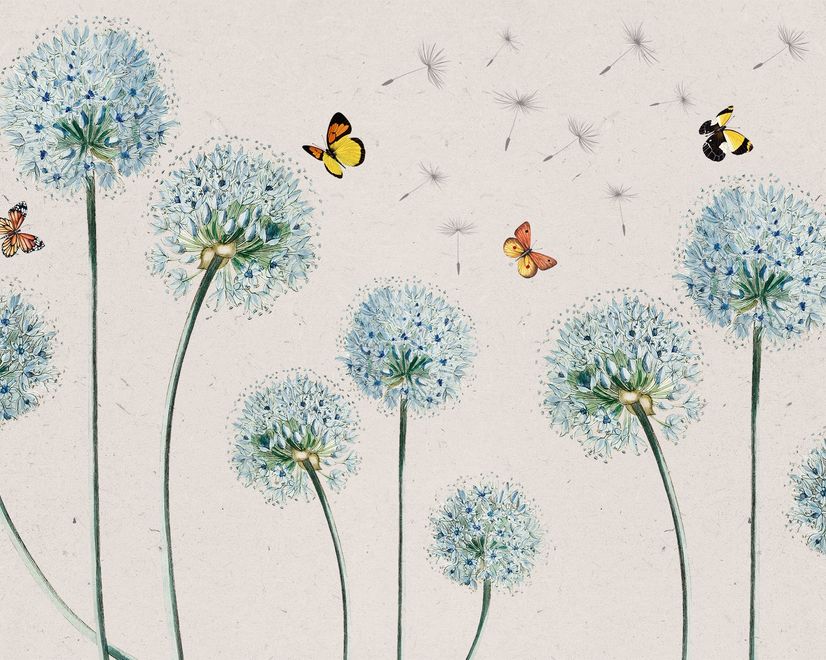 Blue Dandelion and Yellow Butterflies Wallpaper Mural