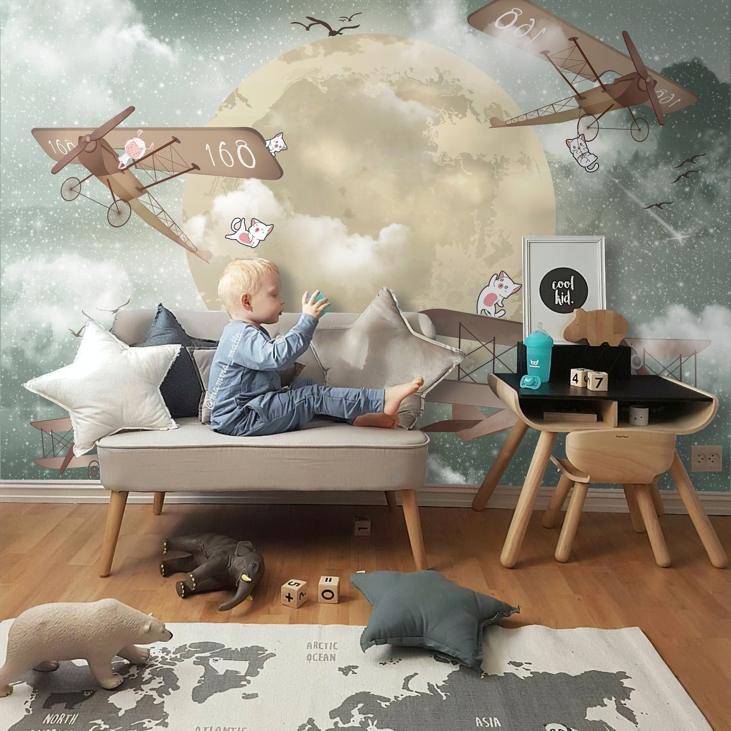 Kids Moon with Aircraft Wallpaper Mural - Peel and Stick