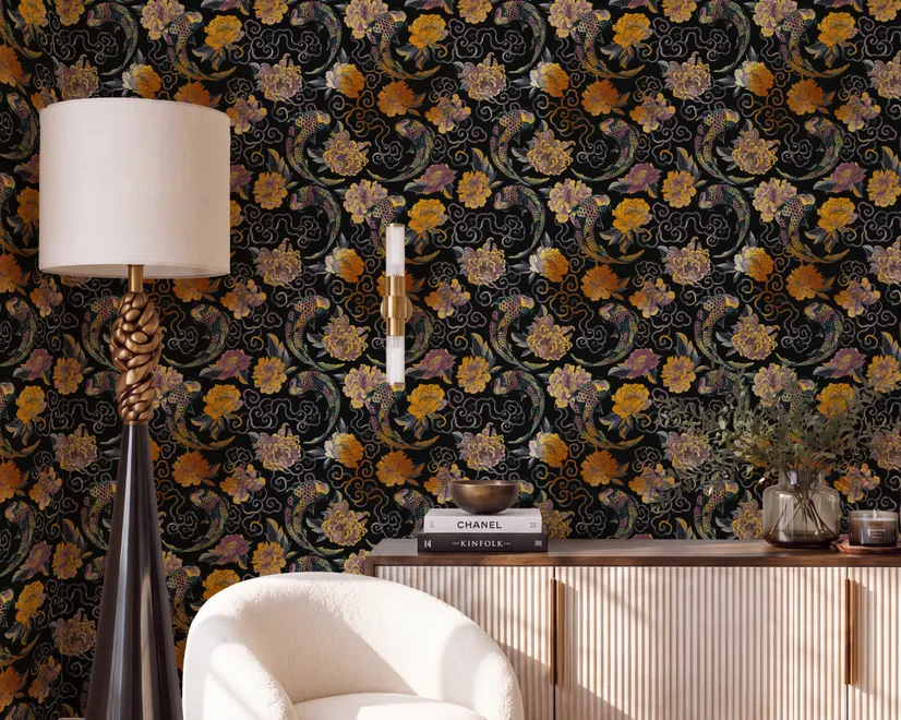 Japanese art wallpaper pattern with koi fish, gold peonies, mauve flowers and grey clouds on black
