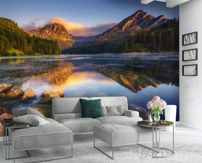 Mountain and Lake Landscape in the Sunrise Wallpaper Mural