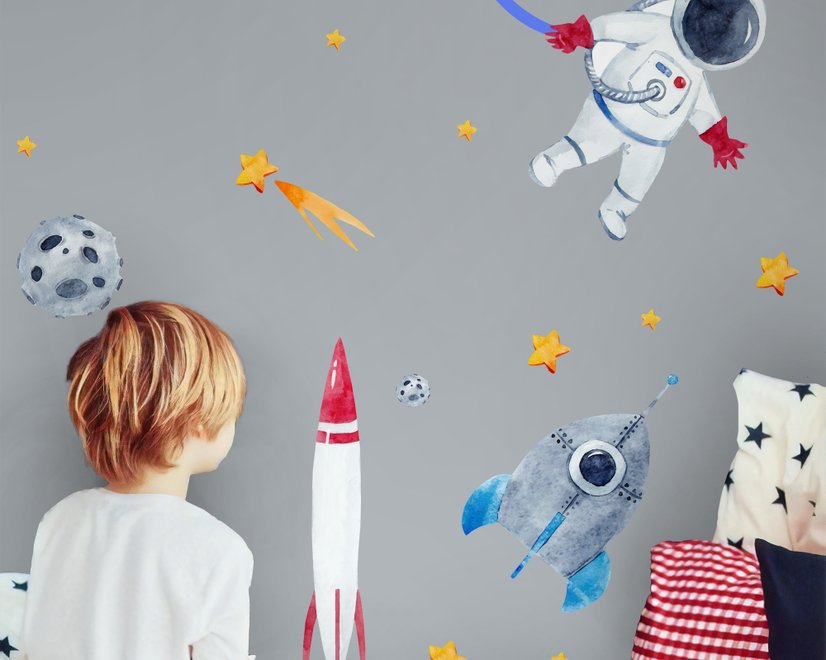 Kids Watercolor Space with Astronaut and Earth Wall Decal Sticker