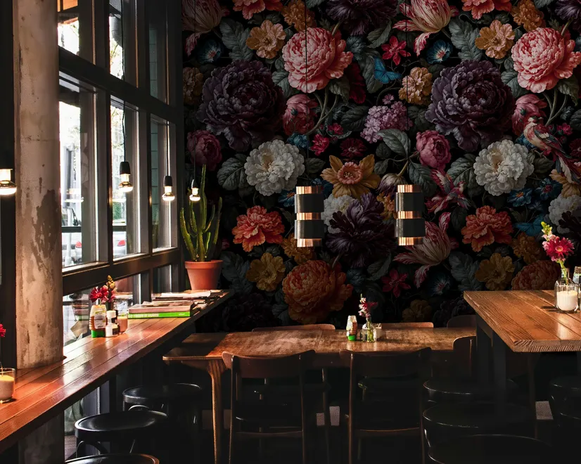 Vintage peony wallpaper mural with plum, blush and ivory flowers, dark foliage and small hummingbirds