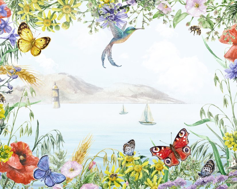 Sea View with Garden Flowers Wallpaper Mural