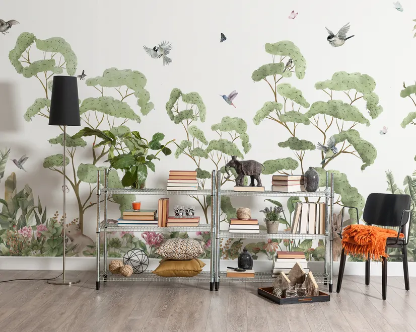 Papier peint panoramique de la forêt tropicale des enfants avec des lapins mignons
