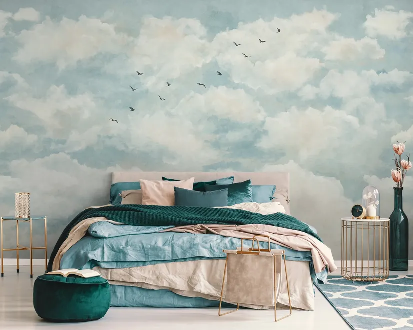 Papier peint nuages abstraits et oiseaux