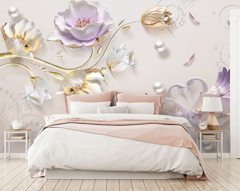 3D Embossed Look Tulip Floral with Swan Wallpaper Mural