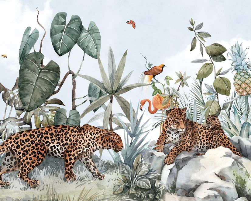 Kids Watercolor Forest with Leopard Wild Animals Wallpaper Mural
