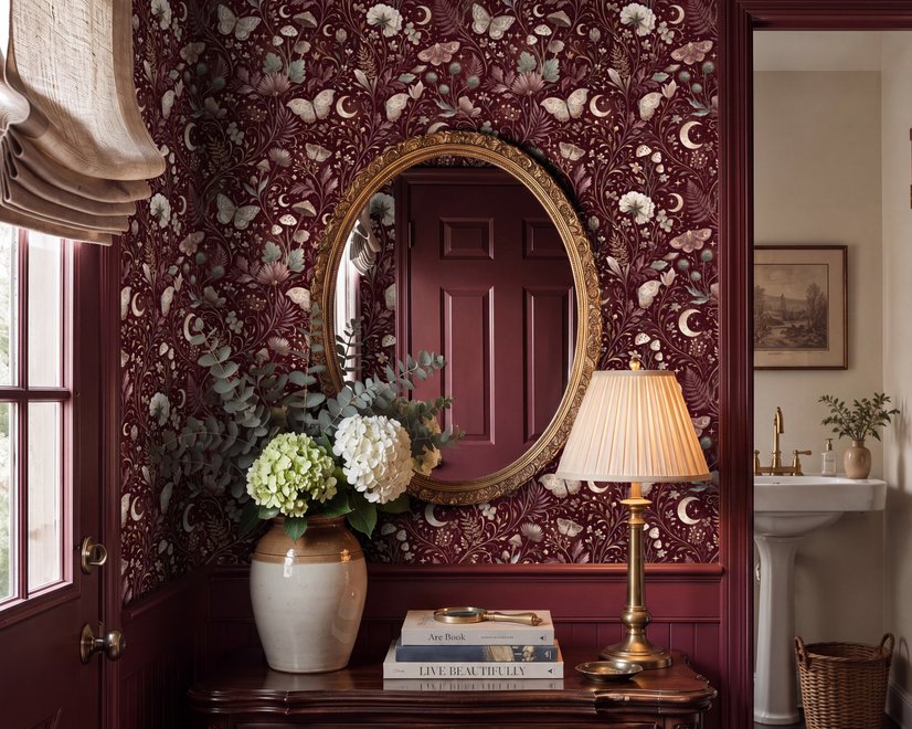 Pink butterflies wallpaper on a claret ground with cream flowers, moons, stars and spotted mushrooms.